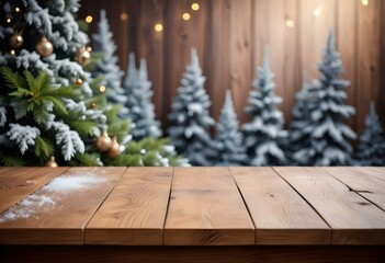Festive Christmas table mockup with wooden backdrop, decorated with snowy pine trees and warm lighting