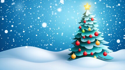 Fototapeta premium Festively Decorated Christmas Tree in a Snowy Landscape with Glittering Snowflakes and Soft Blue Background Creating a Magical Holiday Atmosphere