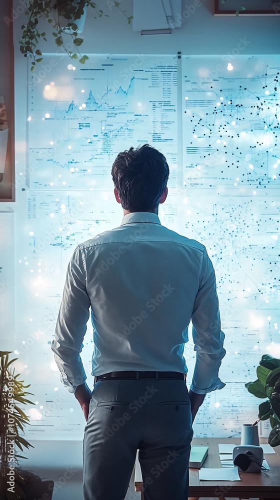 Poster a manager standing in front of a whiteboard with charts explaining a strategy to the team in a brigh