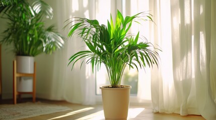 At-home plant care service specialist watering plants, bright and inviting room,