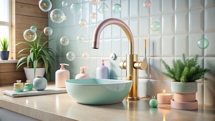 Fototapeta premium Stylish Pastel-Colored Faucet with Foam Bubbles in a Modern Bathroom Setting Featuring Sleek Design Elements and Soft Lighting for an Inviting Atmosphere
