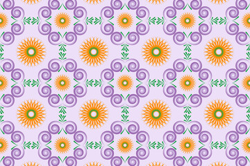 Colorful floral pattern design with swirling shapes and sun motifs on pastel background