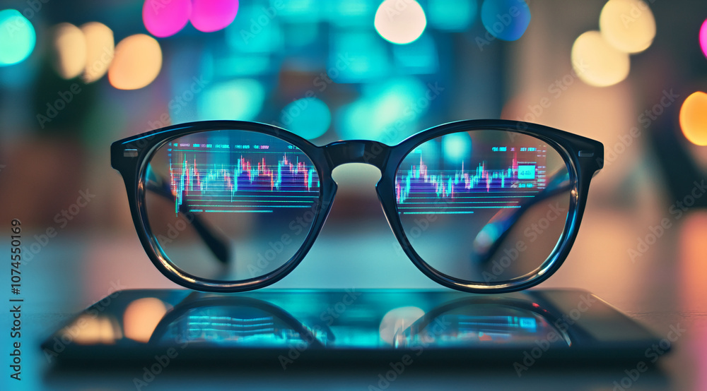 Poster a pair of glasses sits on a black tablet, with a stock market chart reflected in the lenses. the blu
