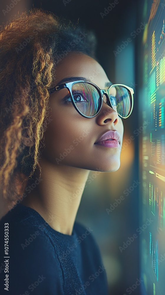 Poster A young professional giving a presentation with data charts displayed on a monitor to a focused team symbolizing confidence and knowledge with side empty space for text Stockphoto style