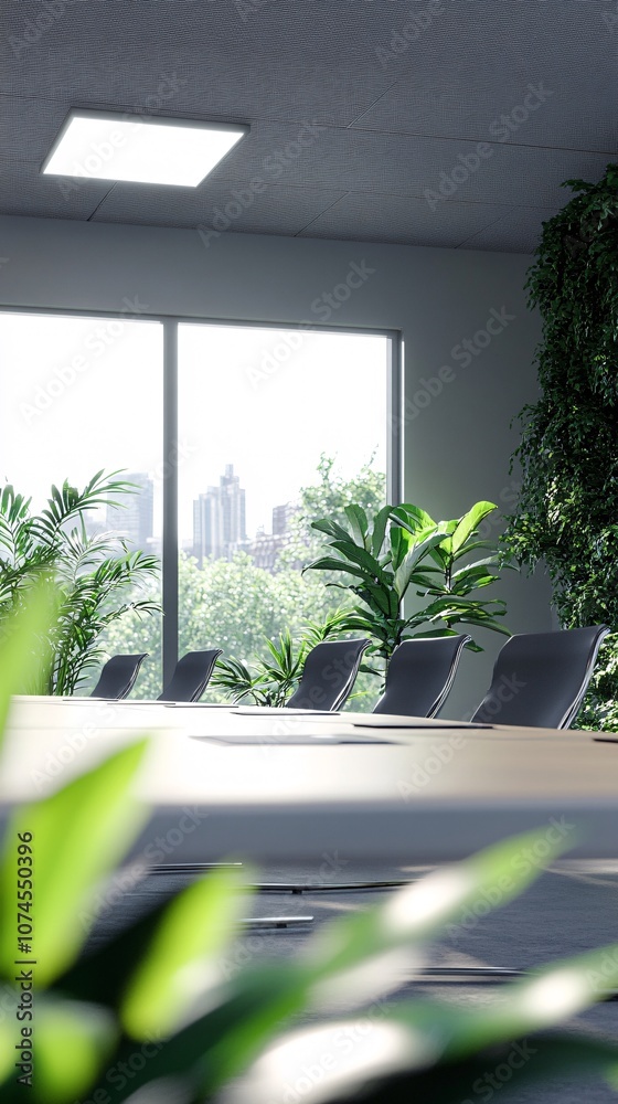 Aufkleber A business team working together in a modern conference room with large windows providing natural light and a cityscape view symbolizing growth with side empty space for text Stockphoto style