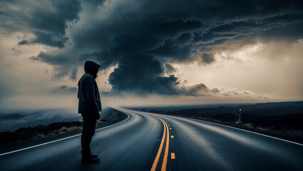 嵐を予感させる道が荒れ狂う空へと続き、迫力のある風景が印象的な構図。生成AI