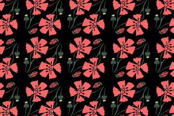 Fototapeta premium Vibrant floral pattern with blooming flowers and buds on a dark background