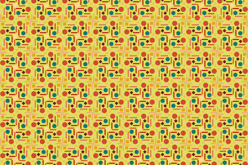 Vibrant abstract pattern of geometric shapes in lively colors on a yellow background