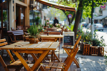 Cafe with terrace and wooden tables in city