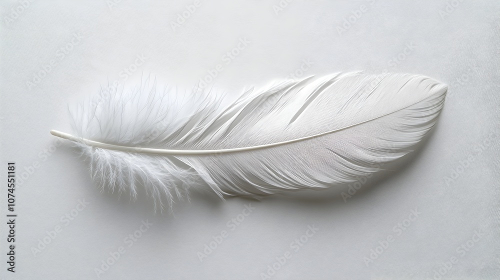 Poster delicate white feather in minimalist gray background showcasing softness and airiness of lightweight