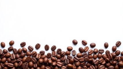 Coffee beans border on white background, rich coffee beans, freshness