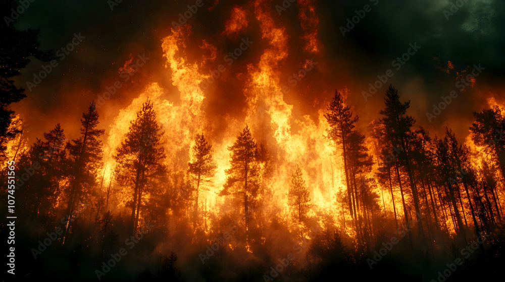 Aufkleber devastating wildfire raging through a dense pine forest,with towering flames and billowing smoke con