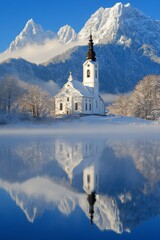 Serene Winter Wonderland White Church on a Misty Lake with Majestic Mountain Backdrop