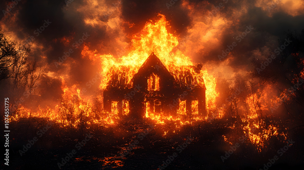 Aufkleber dramatic and intense scene of a raging inferno engulfing and completely destroying an abandoned wood