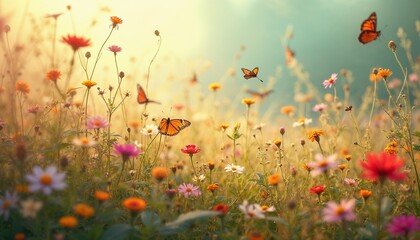 Fototapeta premium Colorful wildflowers and butterflies in sunny meadow