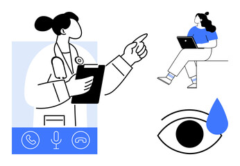 Doctor holding a clipboard, pointing, patient using a laptop, eye with a teardrop. Ideal for healthcare, telemedicine, online consultation, remote diagnosis, digital health, medical advice, virtual
