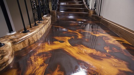 Luxury home interior with a modern polished and waxed epoxy resin floor in orange and brown tones