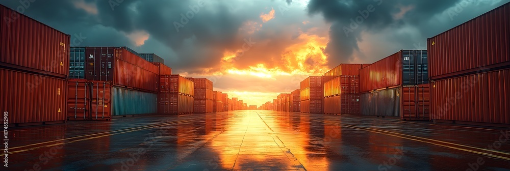 Poster dramatic sunset illuminating a vast container port facility with towering cargo vessels,cranes,and s