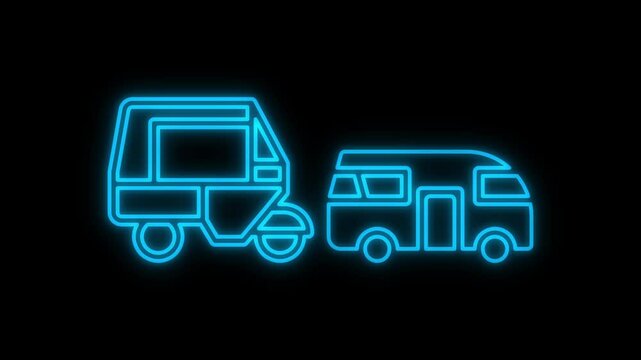 Glowing neon public transportation in Indonesia sign animation on a black background.
