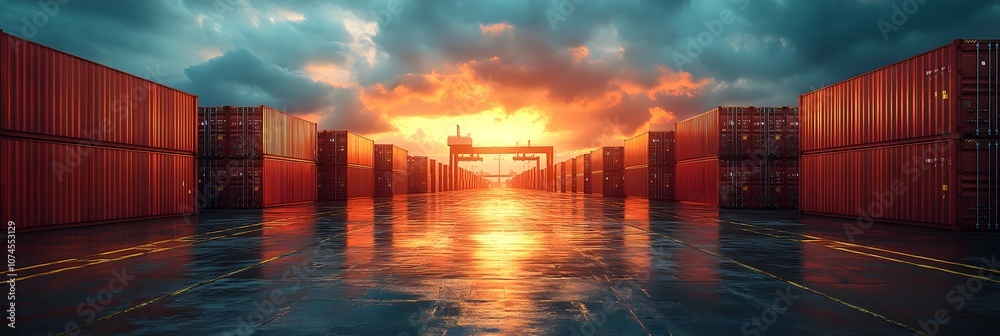 Poster dramatic sunset landscape with stunning clouds and light reflecting on the water at a bustling conta