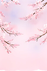 Fototapeta premium water color painting of Horizontal banner with sakura flowers of pink color on sunny backdrop. Beautiful nature spring background with a branch of blooming sakura. Sakura blossoming season in Japan