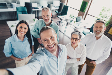 Photo of coworking project teamwork people cheerful smile take selfie photo work together...