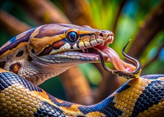 Fototapeta premium Surreal Imagery of a Boa Constrictor Engaging in a Captivating Feeding Process, Highlighting Unique Mechanisms and the Intricacies of Nature's Predatory Skills