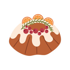 Christmas baking. Beautiful cupcake with berries, oranges covered with white glaze citrus zest