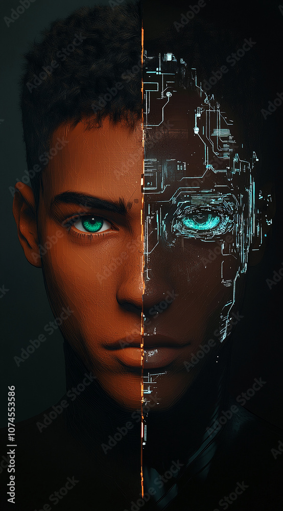 Poster A close-up portrait of a person with half of their face composed of digital circuitry. The image depicts the intersection of technology and humanity