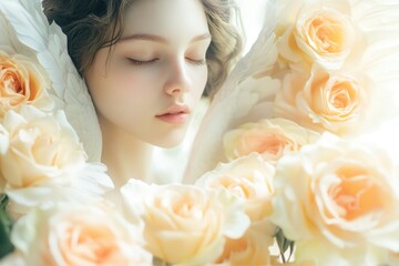 Obraz premium A woman sitting with her eyes closed surrounded by a bouquet of roses