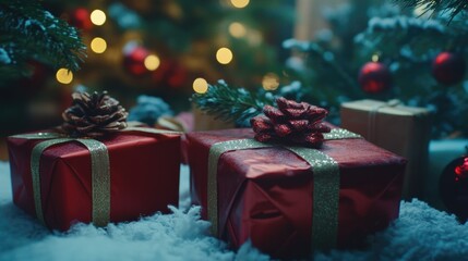 Christmas gifts surrounded by snow near a decorated tree