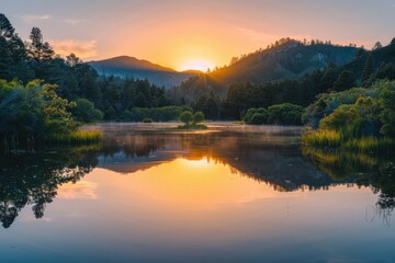 Serene Sunrise Over a Mountain Lake With Fog