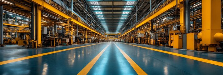 Fototapeta premium Expansive industrial factory interior with rows of heavy machinery,conveyor belts,pipes,and storage shelves.