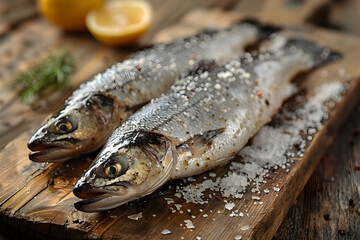 Raw Seabass isolated on a wooden table