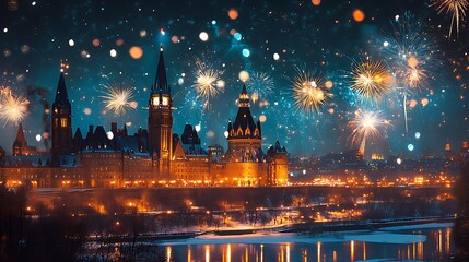 Fototapeta premium Fireworks Display over Parliament Hill in Ottawa, Canada During Winter