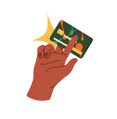 Black hand holds plastic credit card. Person pays with electronic money by digital financial transfer. Cashless contactless payment to buy. Flat isolated vector illustration on white background