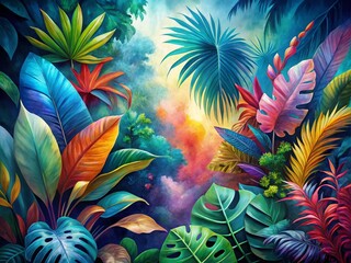 Naklejka premium Surreal Watercolor Tropical Leaves: A Dreamy Fusion of Nature and Art with Vibrant Hues and Fluid Shapes Evoking a Lush Oasis of Exotic Flora and Imagination