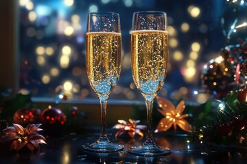 Two flutes of champagne sitting on a table, perfect for a celebration or special occasion