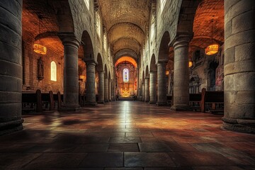 A picture of a church with ornate columns and a beautiful stained glass window