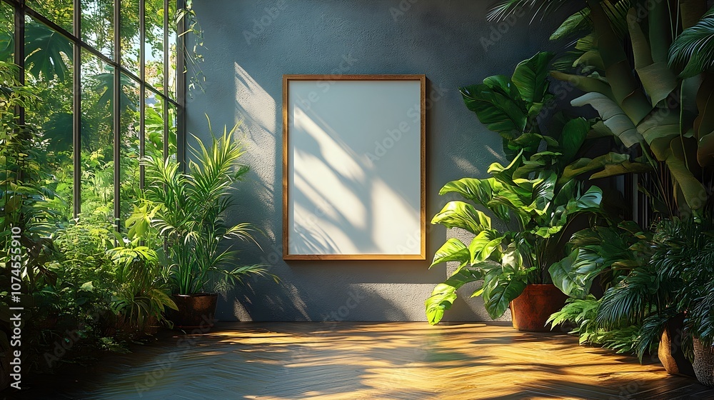 Poster Floating frame mockup displayed in a modern greenhouse interior,surrounded by lush greenery and natural light. Minimalist design and clean,bright and airy setting create a tranquil.