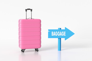 Pink suitcase standing near baggage sign on white background