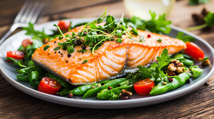 Sustainably Sourced Salmon Fillet on Green Vegetables with Microgreen Garnish, Promoting Eco-Friendly Choices


