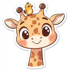 Cute Sticker of Giraffe with Bird on Head, Isolated on White Background, Perfect for Kawaii and Friendship Themes