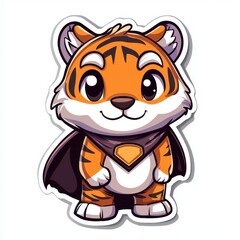 Fototapeta premium Adorable Superhero Tiger Sticker with Cape, Isolated on White Background, Perfect for Kawaii Animal and Hero Themes