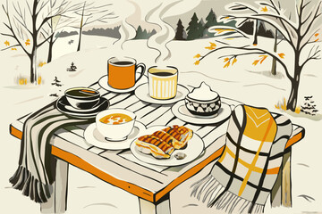 Cozy Autumnal Outdoor Breakfast Setting with Fall Leaves