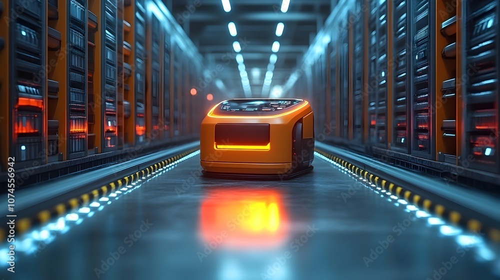 Leinwandbilder Futuristic data center with autonomous orange robot moving through rows of computer servers and racks in a modern high-tech facility. Concept of digital infrastructure,cloud computing.