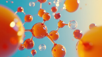 Vibrant 3D Molecular Structure with Interconnected Bonds in Red, Orange, and Yellow on Blue Background. Colorful Chemistry Illustration of Atoms and Bonds.