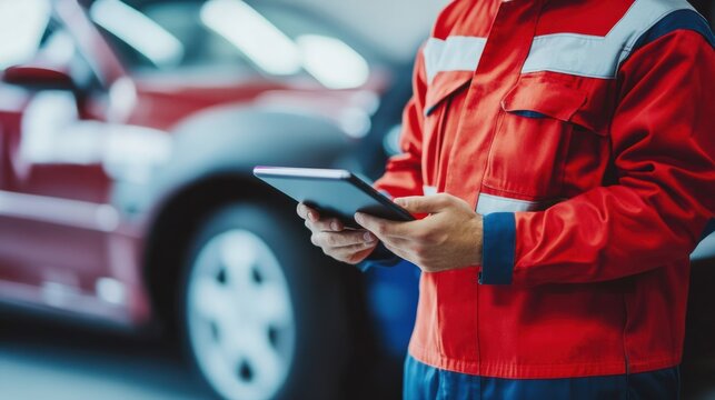 Auto mechanic in work attire using a tablet, isolated on white background, perfect for auto tech themes