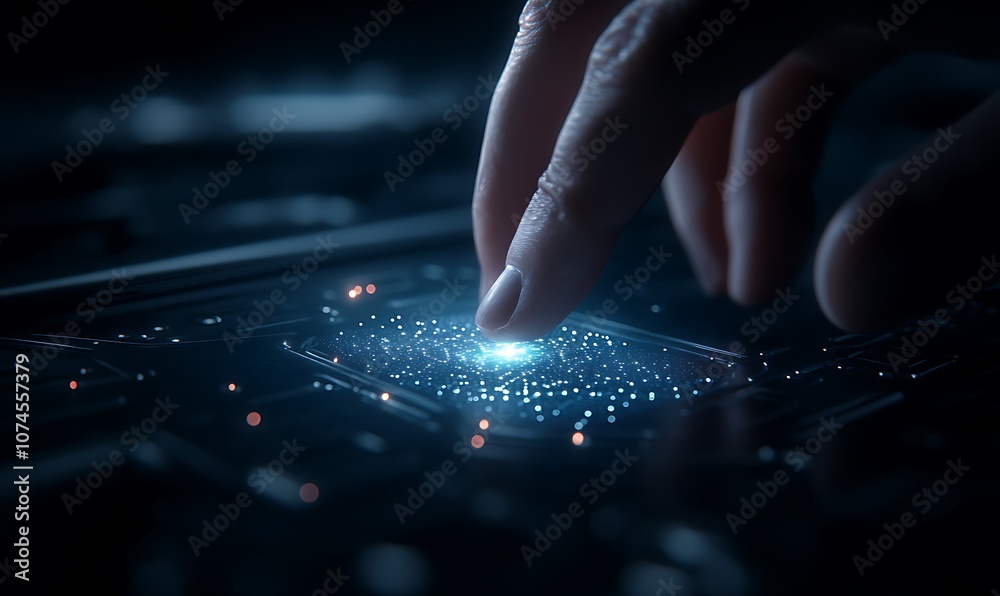Aufkleber A hand gently touches a glowing interface, surrounded by shimmering particles, evoking a sense of digital interaction and technology.