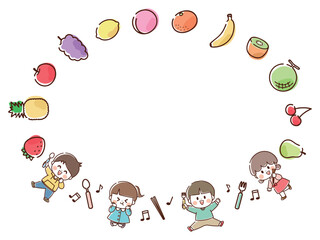 果物と子供の楽しい円形フレーム_手描き
